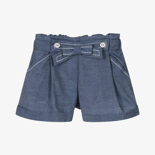 Dr. Kid-Girls Blue Cotton Chambray Bow Shorts | Childrensalon Outlet