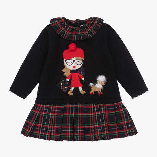 Dr. Kid-Girls Blue Cotton Knit Tartan Dress | Childrensalon Outlet