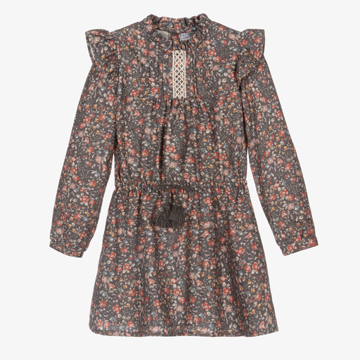 Dr. Kid-Girls Grey Floral Cotton Dress | Childrensalon Outlet