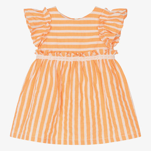 Dr. Kid-Girls Orange Cotton Striped Dress  | Childrensalon Outlet