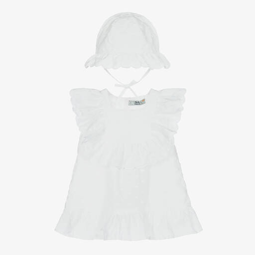 Dr. Kid-طقم فستان وقبعة أطفال بناتي قطن لون أبيض | Childrensalon Outlet