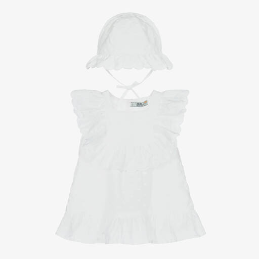 Dr. Kid-Girls White Cotton Dress & Hat Set | Childrensalon Outlet