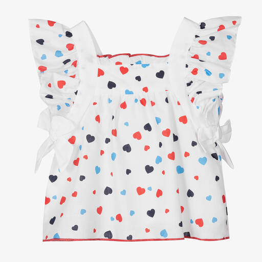 Dr. Kid-Girls White Cotton Heart Print Blouse | Childrensalon Outlet