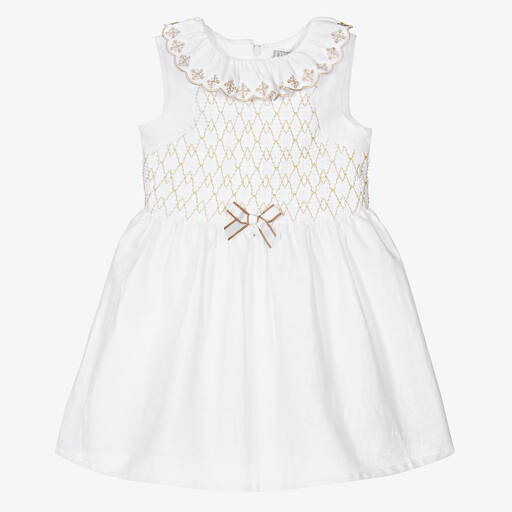 Dr. Kid-Girls White Linen Smocked Dress | Childrensalon Outlet