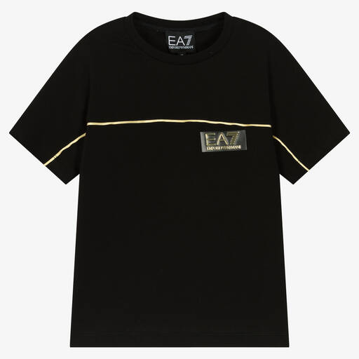 EA7 Emporio Armani-Boys Black Cotton Logo T-Shirt | Childrensalon Outlet