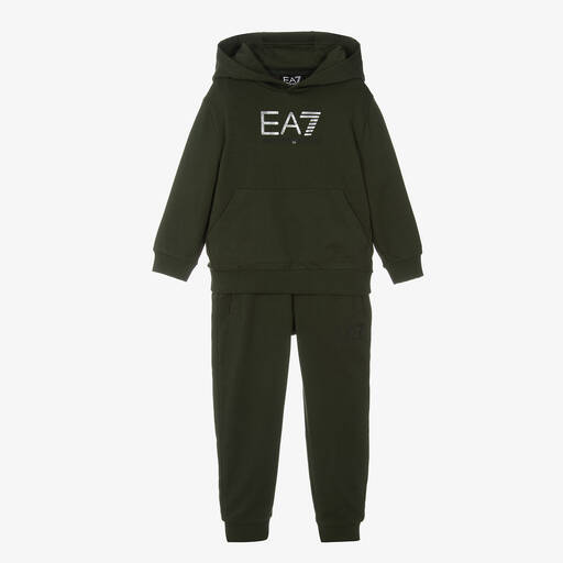 EA7 Emporio Armani-بدلة رياضية قطن لون أخضر كاكي للأولاد | Childrensalon Outlet