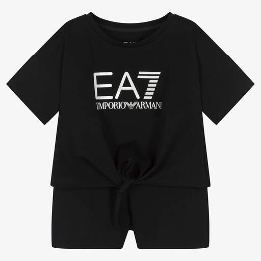 EA7 Emporio Armani-Girls Black Top & Shorts Set | Childrensalon Outlet