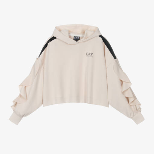 EA7 Emporio Armani-Girls Cream Frill Sleeve Hoodie | Childrensalon Outlet