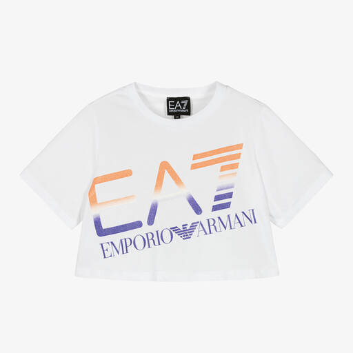 EA7 Emporio Armani-Girls Cropped White Cotton T-Shirt | Childrensalon Outlet