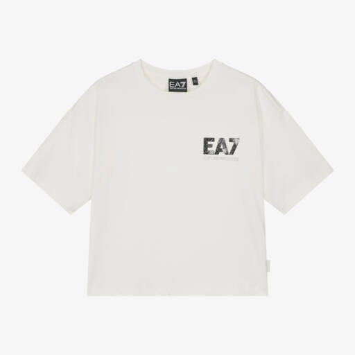 EA7 Emporio Armani-Girls Ivory Cotton Logo Tee | Childrensalon Outlet