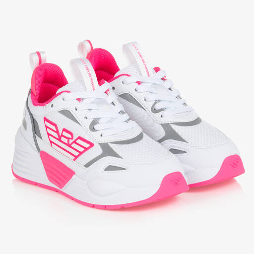 EA7 Emporio Armani-Girls White & Pink Logo Trainers | Childrensalon Outlet