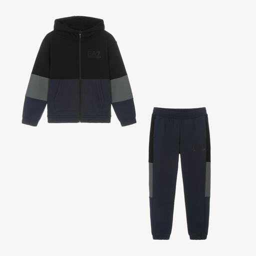 EA7 Emporio Armani-Survêtement coton noir et bleu EA7 | Childrensalon Outlet