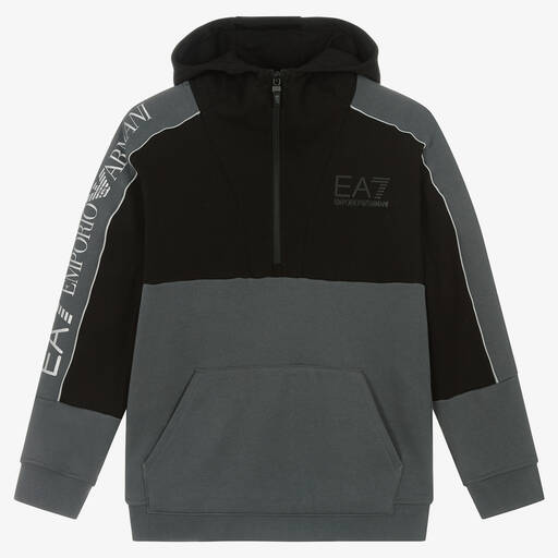 EA7 Emporio Armani-Teen Boys Grey & Black Cotton Hoodie | Childrensalon Outlet