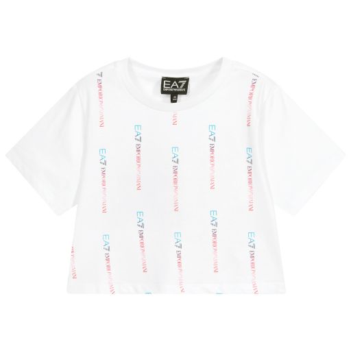 EA7 Emporio Armani-White Cropped Logo T-Shirt | Childrensalon Outlet