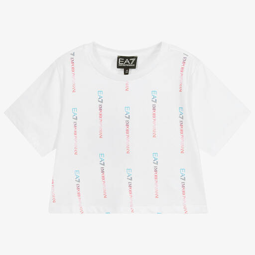 EA7 Emporio Armani-White Cropped Logo T-Shirt | Childrensalon Outlet