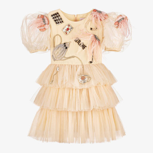 EIRENE-Girls Cream Feather & Tulle Gown | Childrensalon Outlet