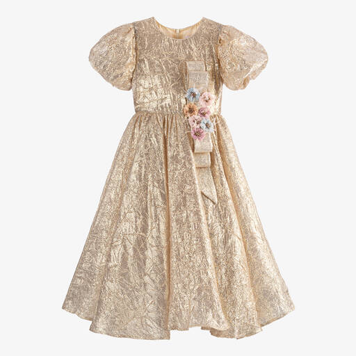 EIRENE-Girls Metallic Gold Bow Dress | Childrensalon Outlet