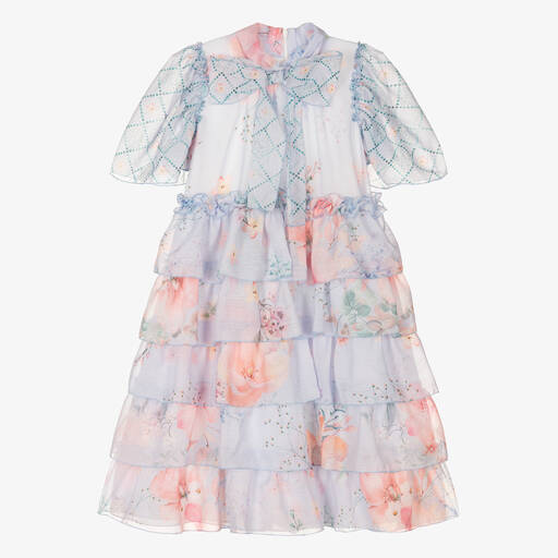 EIRENE-Robe bleue mousseline fleurs fille | Childrensalon Outlet