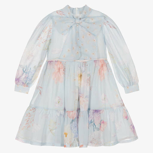 EIRENE-Girls Pastel Blue Floral Chiffon Dress | Childrensalon Outlet