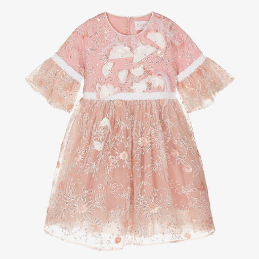 EIRENE-Girls Pink Embroidered Sequinned Tulle Dress | Childrensalon Outlet