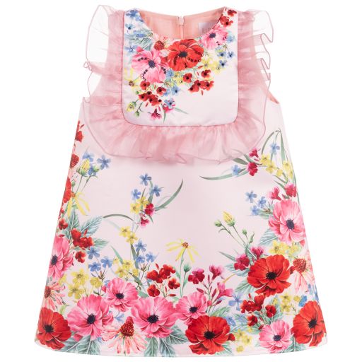EIRENE-Girls Pink Floral Satin Dress | Childrensalon Outlet