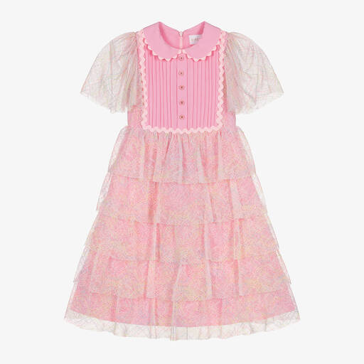 EIRENE-Розовое многоярусное платье с кружевом для девочек | Childrensalon Outlet