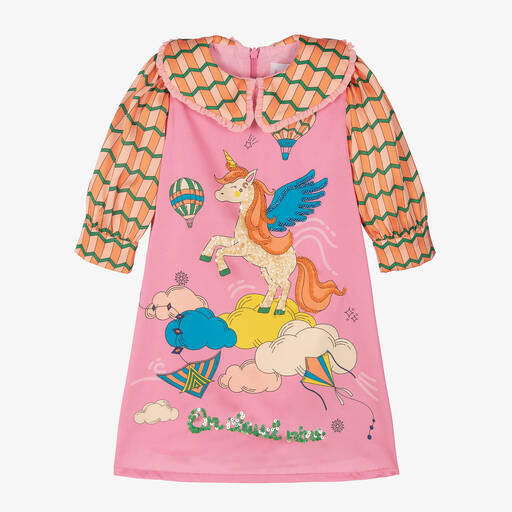 EIRENE-Girls Pink Satin Unicorn Dress | Childrensalon Outlet