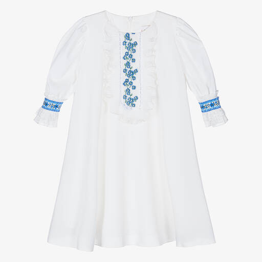 EIRENE-Girls White & Blue Floral Chiffon Dress | Childrensalon Outlet