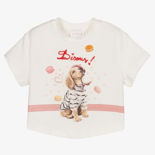 EIRENE-Кремовая футболка со щенком и вышивкой бисером | Childrensalon Outlet