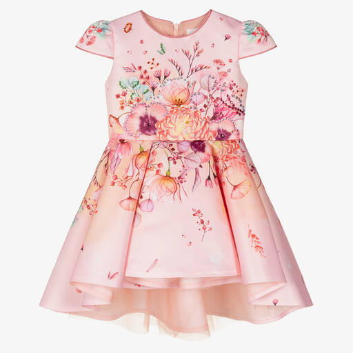 EIRENE-Pink Satin Floral Dress  | Childrensalon Outlet