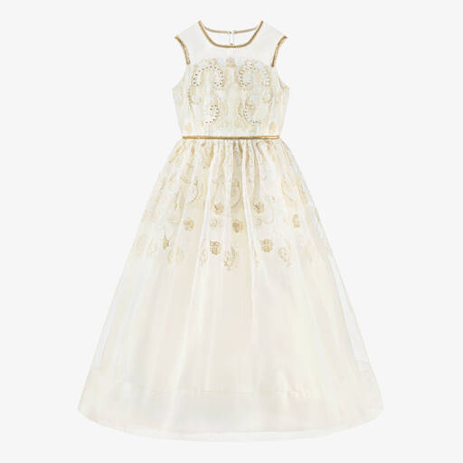 Elie Saab-Teen Girls Ivory & Gold Organza Dress | Childrensalon Outlet