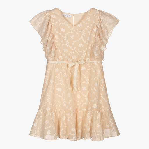 Elsy-Beige Floral Embroidered Dress | Childrensalon Outlet