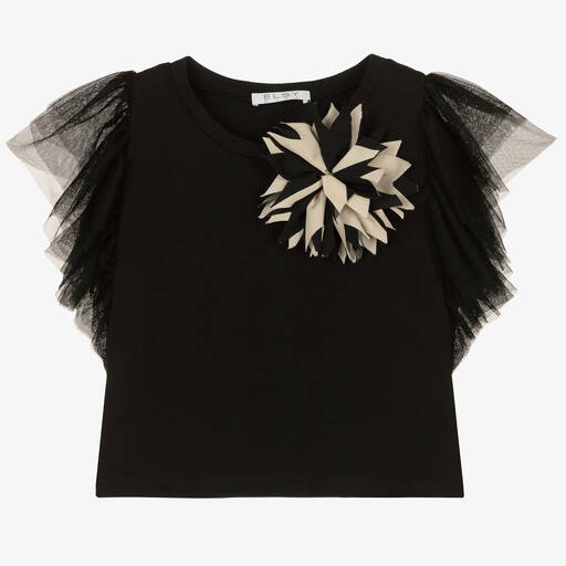 Elsy-Girls Black Cotton T-Shirt | Childrensalon Outlet