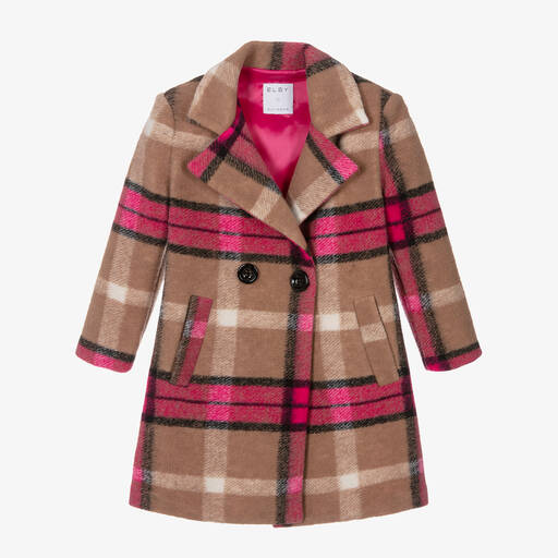 Elsy-Girls Pink & Beige Check Wool Coat | Childrensalon Outlet