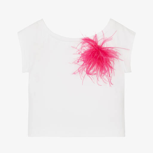 Elsy-T-shirt blanc à plumes roses | Childrensalon Outlet