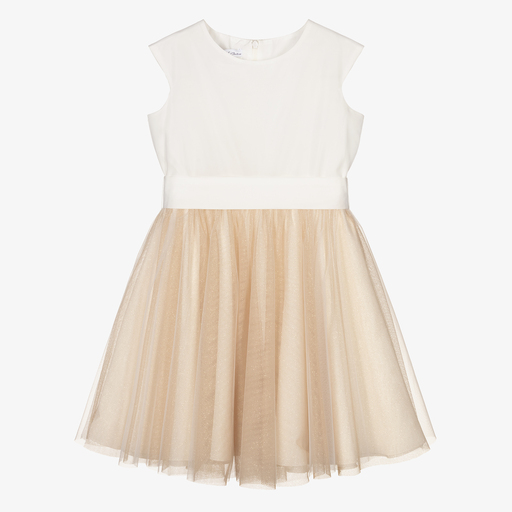 Elsy-Ivory Satin & Gold Tulle Dress | Childrensalon Outlet