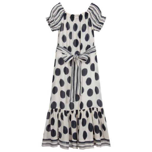 Elsy-Long Ivory & Blue Spot Dress | Childrensalon Outlet