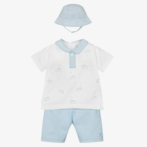 Emile et Rose-Baby Boys White & Blue Cotton Shorts Set | Childrensalon Outlet