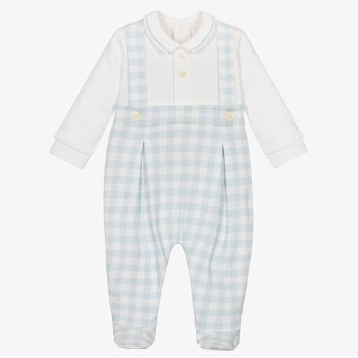 Emile et Rose-Boys Blue Check Cotton Babygrow | Childrensalon Outlet