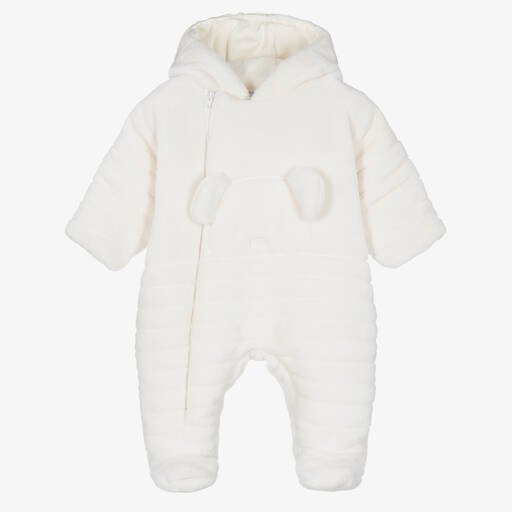 Emile et Rose-Ivory Velour Bear Baby Pramsuit | Childrensalon Outlet