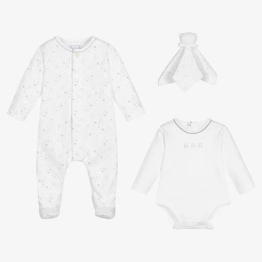 Emile et Rose-White Cotton & Grey Star Print Babysuit Set | Childrensalon Outlet