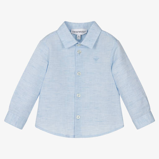 Emporio Armani-Baby Boys Blue Cotton & Linen Shirt | Childrensalon Outlet