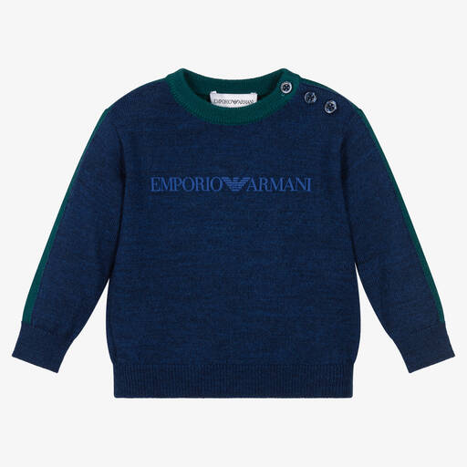 Emporio Armani-Pull en laine bleu et vert bébé garçon | Childrensalon Outlet