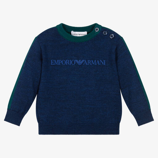 Emporio Armani-بلوفر  أطفال ولادي مزيج صوف بكر لون أخضر وأزرق | Childrensalon Outlet