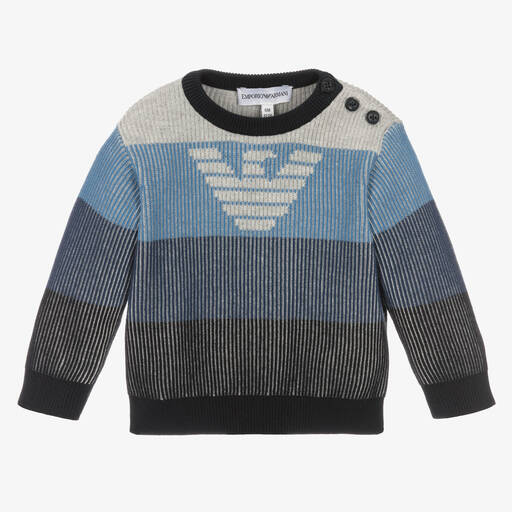 Emporio Armani-Baby Boys Blue & Grey Stripe Cotton Jumper | Childrensalon Outlet
