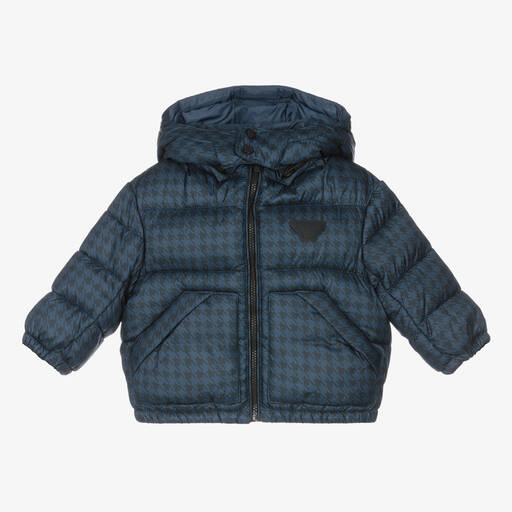 Emporio Armani-Baby Boys Blue Houndstooth Puffer Coat | Childrensalon Outlet