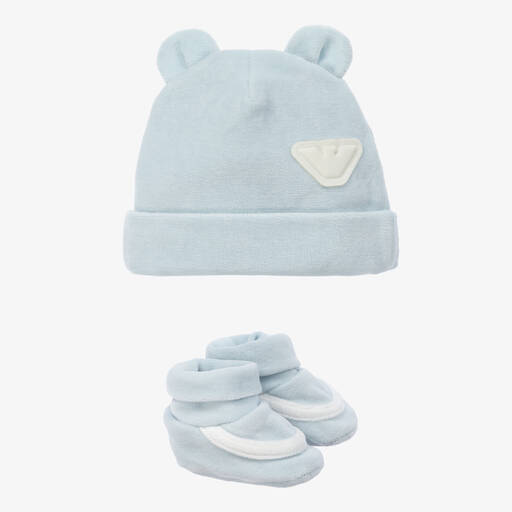 Emporio Armani-Set mit blauer Veloursmütze und Babyschuhen für männliche Babys | Childrensalon Outlet