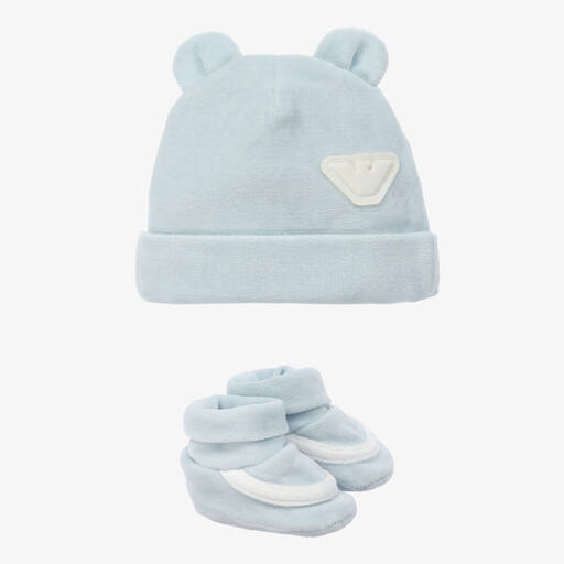 Emporio Armani-Bonnet et chaussons velours bleu | Childrensalon Outlet