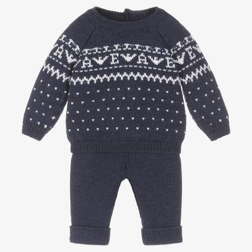 Emporio Armani-Baby Boys Blue Wool Knit Trouser Set | Childrensalon Outlet