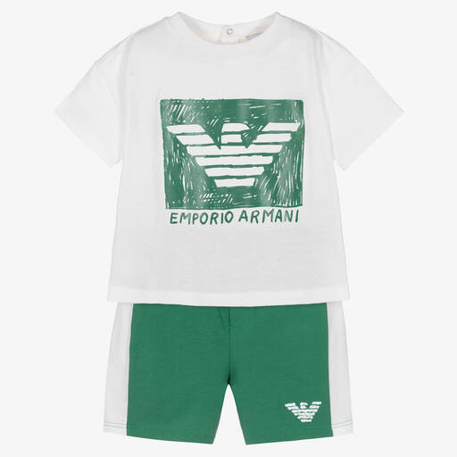 Emporio Armani-Baby Boys Green & White Cotton Logo Shorts Set | Childrensalon Outlet